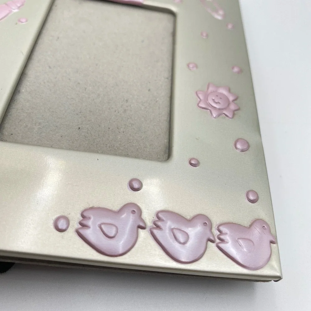Baby Photo Frame Pink Teddy Bear Chicks Safety Pin Metal Design Tabletop Display